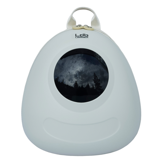 Ldb Ledback Buddy Smart LED Backpack in Whipped Cream White with a blacked out round LED screen, shown from the front isolated on a transparent background.