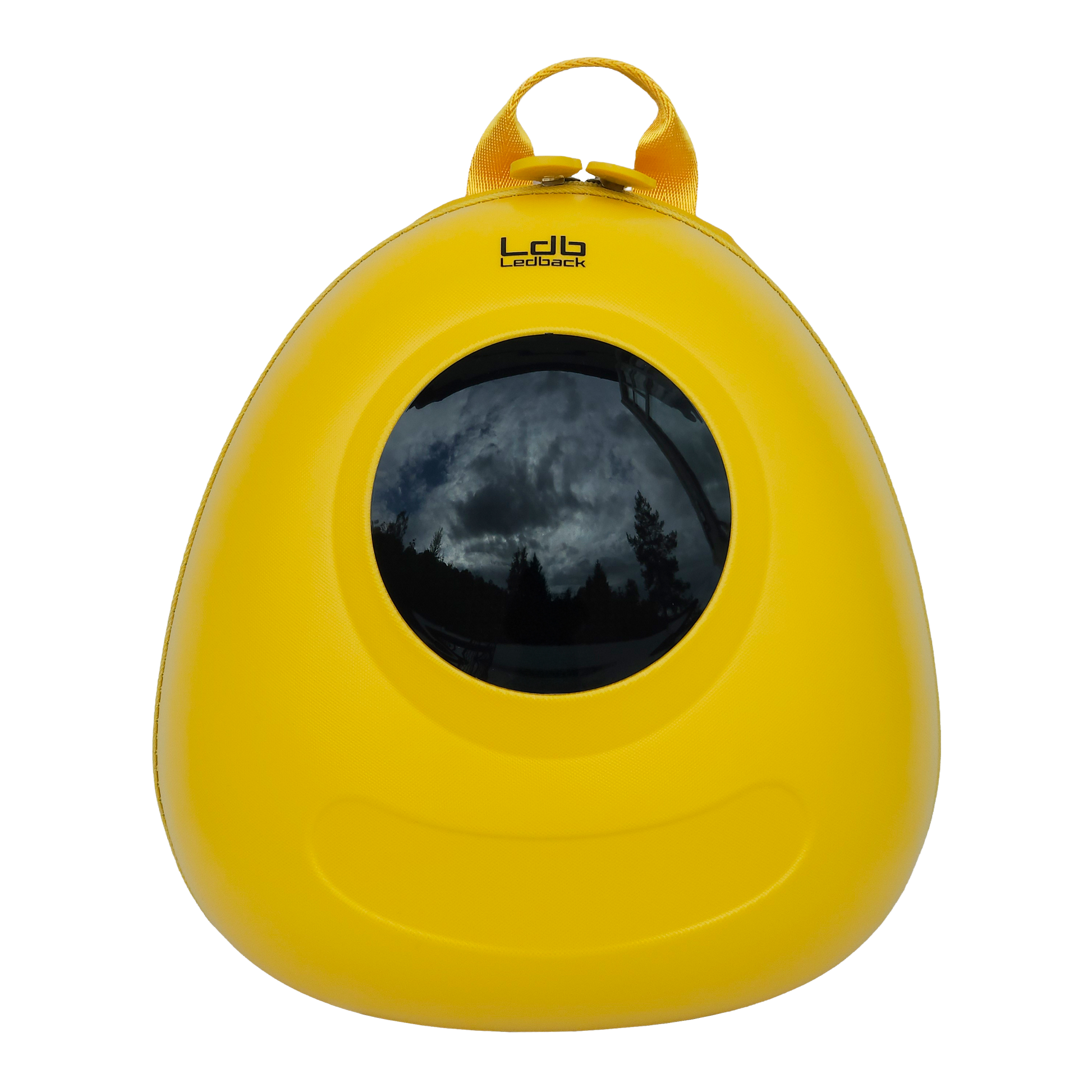 Ldb Ledback Buddy Smart LED Backpack in Lemon Drop Yellow with a blacked out round LED screen, shown from the front isolated on a transparent background.