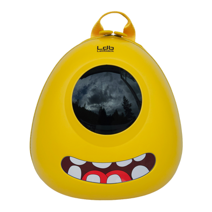 Ldb Ledback Buddy Smart LED Backpack in Lemon Drop Yellow with a blacked out round LED screen and a teeth sticker showing a smiling mouth, shown from the front isolated on a transparent background.