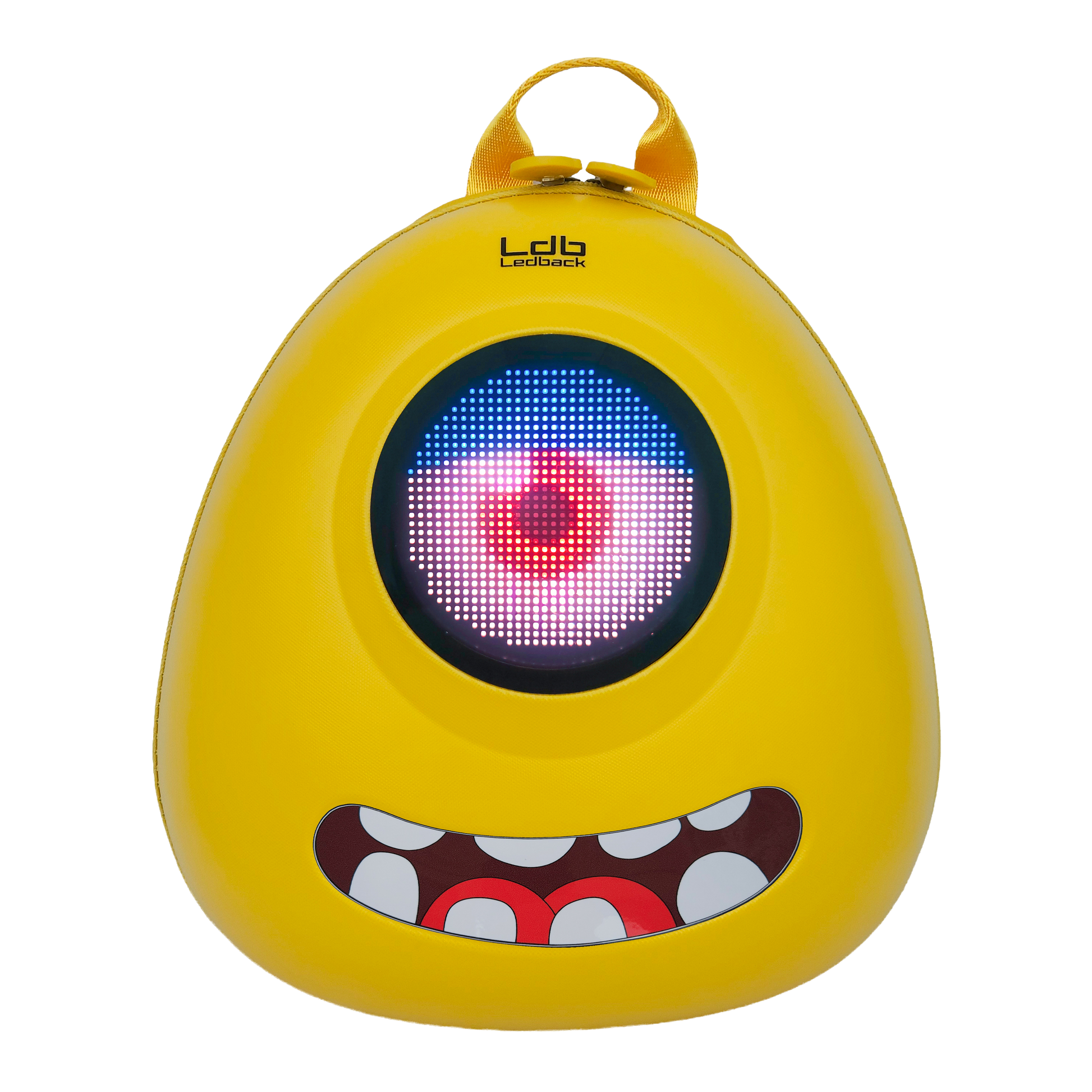Ldb Ledback Buddy Smart LED Backpack in Lemon Drop Yellow with a round LED screen displaying a white eye with red pupil and a half shut blue eye lid, and a teeth sticker showing a smiling mouth, shown from the front isolated on a transparent background.