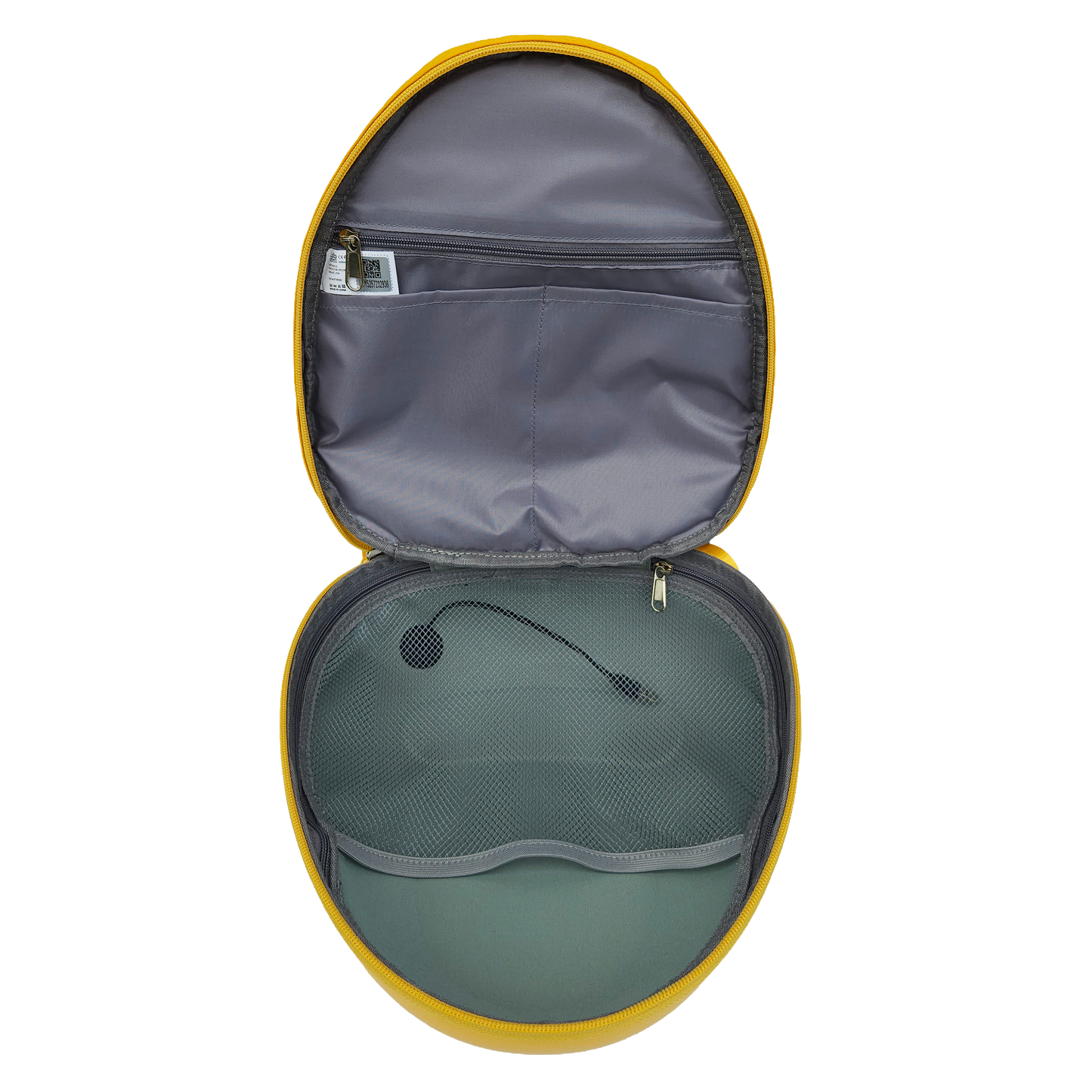 Grey inside of the Ldb Ledback Buddy Smart LED Backpack in Lemon Drop Yellow, with 1 large net pocket, 1 large, zipped pocket, and 2 smaller open pockets, shown from above isolated on a transparent background.