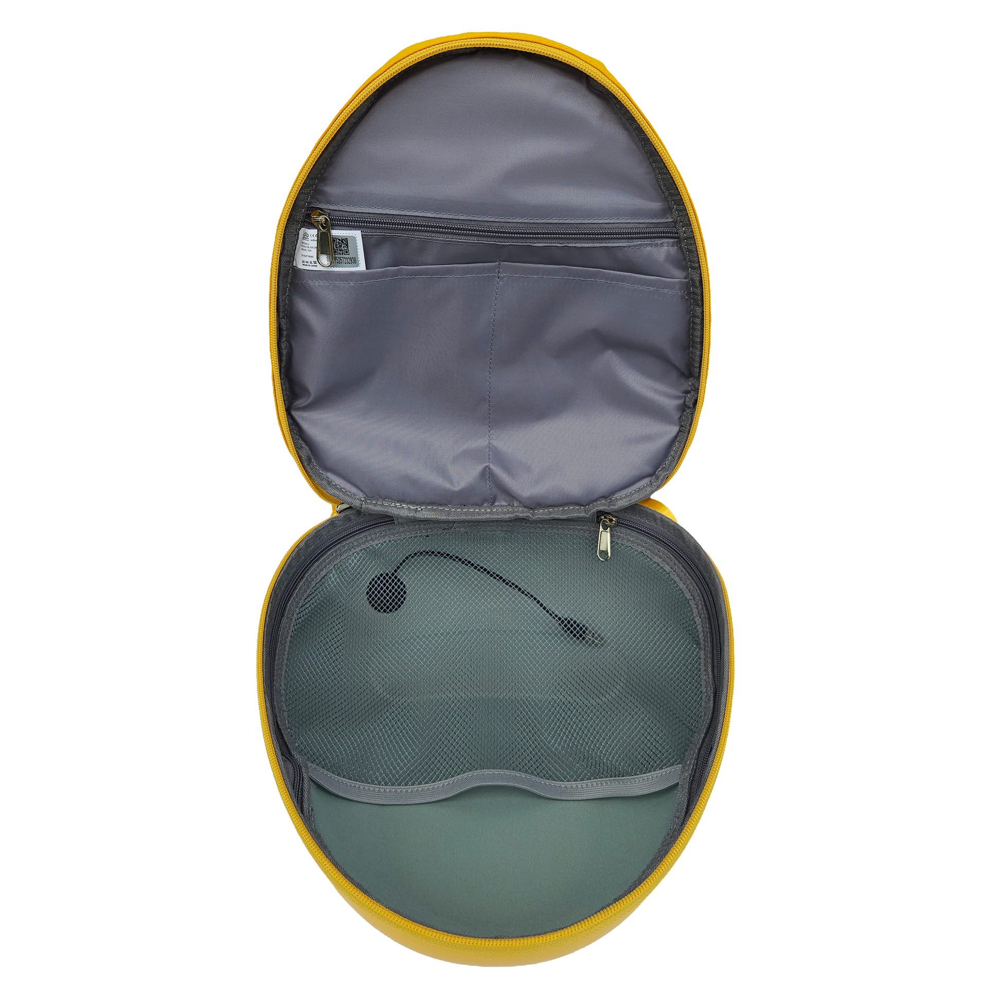 Grey inside of the Ldb Ledback Buddy Smart LED Backpack in Lemon Drop Yellow, with 1 large net pocket, 1 large, zipped pocket, and 2 smaller open pockets, shown from above isolated on a transparent background.