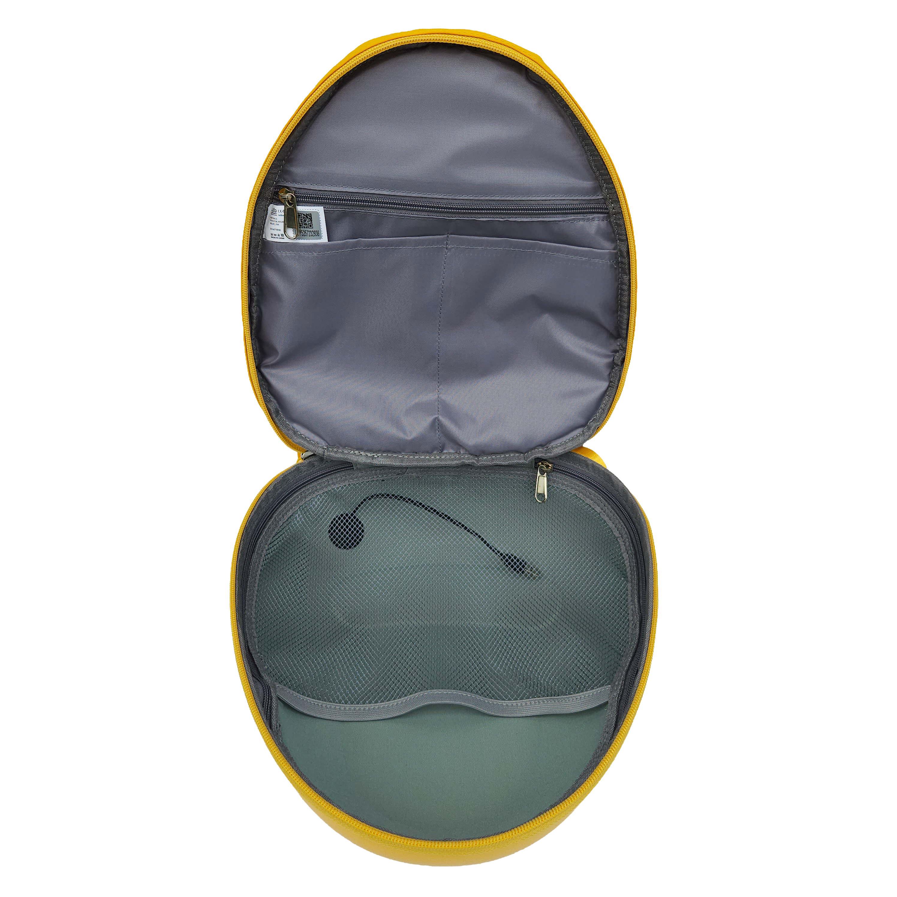 Grey inside of the Ldb Ledback Buddy Smart LED Backpack in Lemon Drop Yellow, with 1 large net pocket, 1 large, zipped pocket, and 2 smaller open pockets, shown from above isolated on a transparent background.