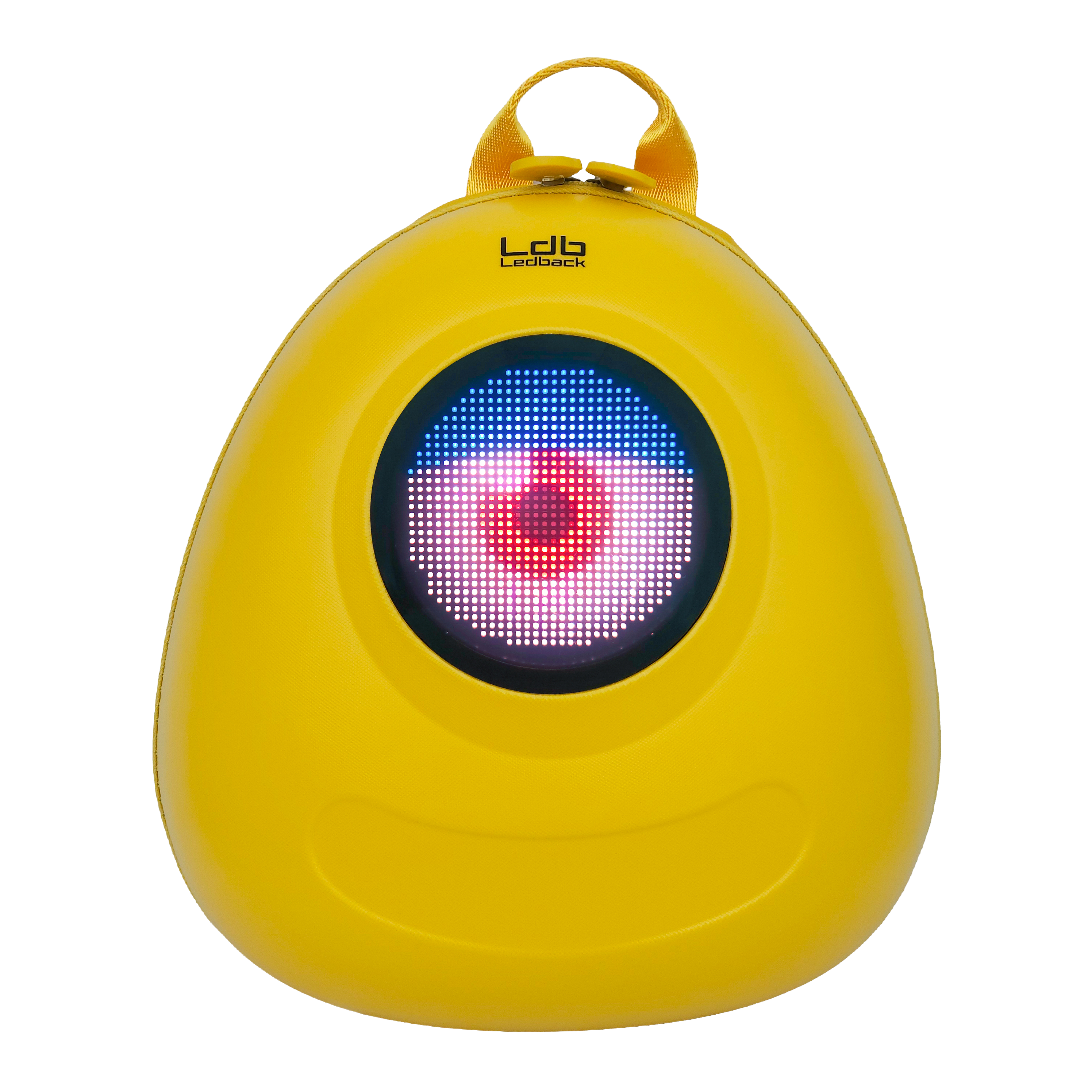 Ldb Ledback Buddy Smart LED Backpack in Lemon Drop Yellow with a round LED screen displaying a white eye with red pupil and a half shut blue eye lid, shown from the front isolated on a transparent background.