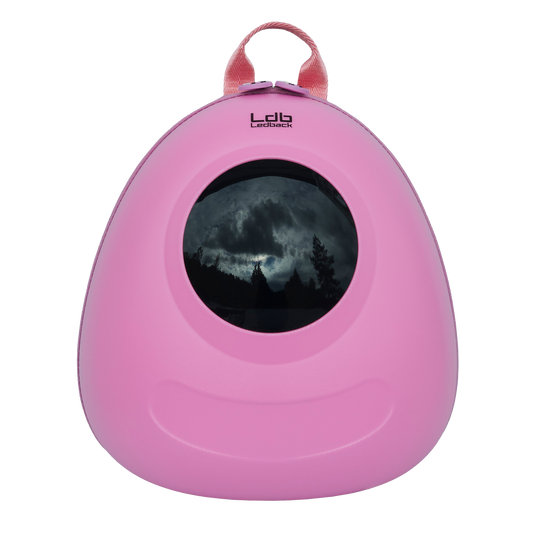 Ldb Ledback Buddy Smart LED Backpack in Raspberry Sorbet Pink with a blacked out round LED screen, shown from the front isolated on a transparent background.