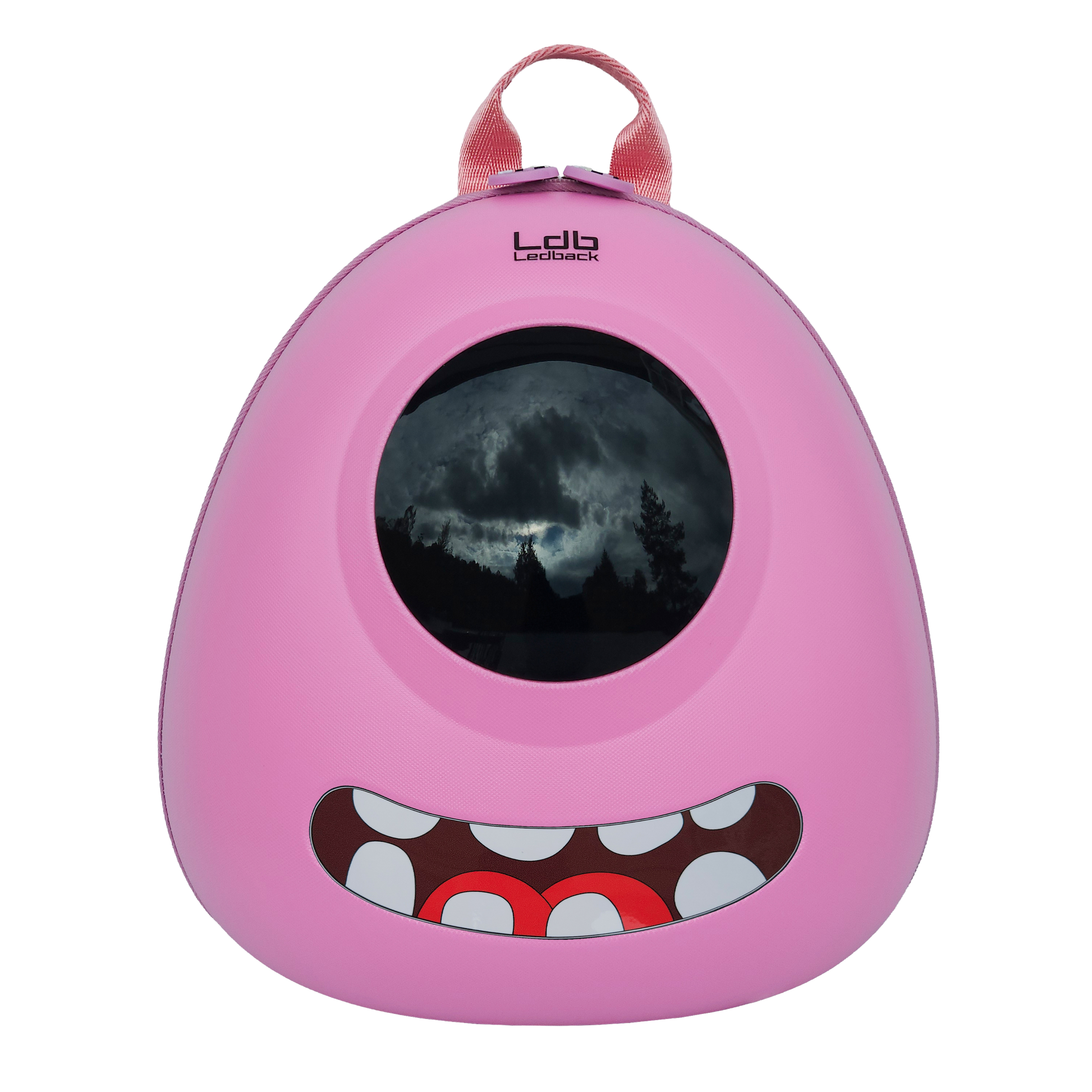 Ldb Ledback Buddy Smart LED Backpack in Raspberry Sorbet Pink with a blacked out round LED screen and a teeth sticker showing a smiling mouth, shown from the front isolated on a transparent background.