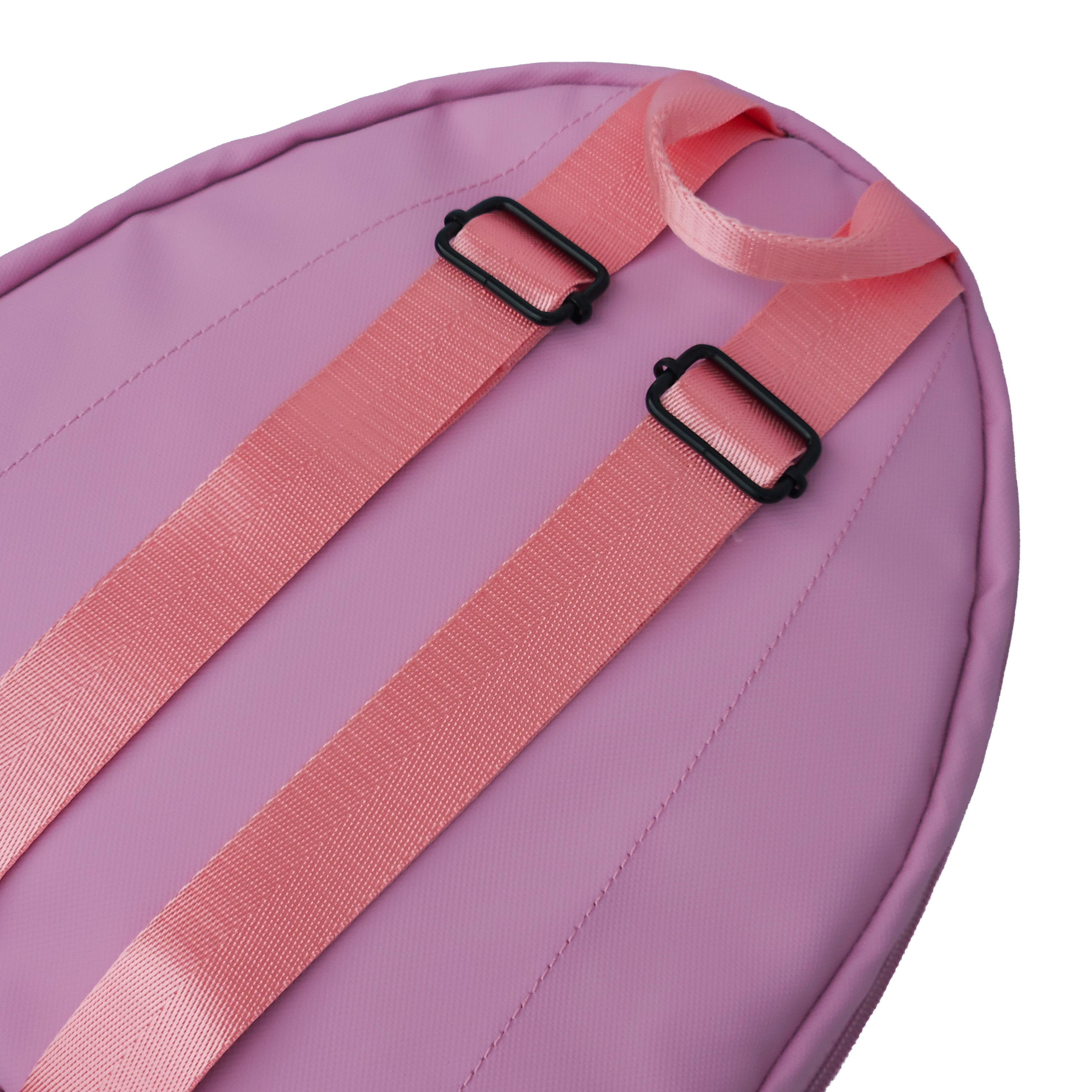 Closeup of the backstraps and black buckles on the Ldb Ledback Buddy Smart LED Backpack in Raspberry Sorbet Pink, shown from the back isolated on a transparent background.