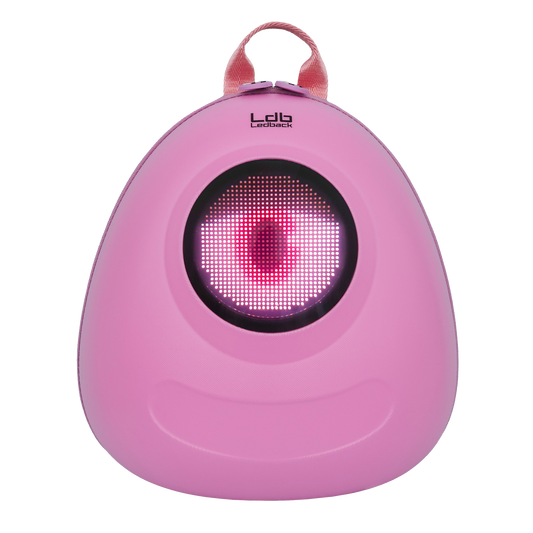 Ldb Ledback Buddy Smart LED Backpack in Raspberry Sorbet Pink with a round LED screen displaying a white eye with a pink and red pupil and a half shut pink eye lid, shown from the front isolated on a transparent background.