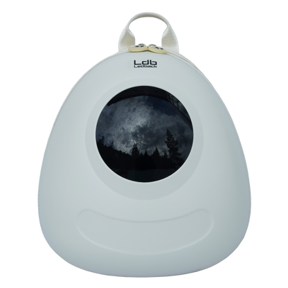 Ldb Ledback Buddy Smart LED Backpack in Whipped Cream White with a blacked out round LED screen, shown from the front isolated on a transparent background.