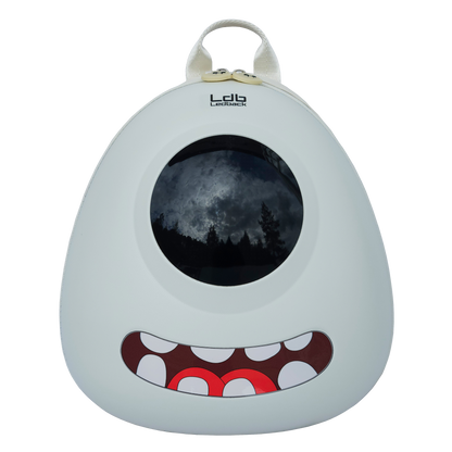 Ldb Ledback Buddy Smart LED Backpack in Whipped Cream White with a blacked out round LED screen and a teeth sticker showing a smiling mouth, shown from the front isolated on a transparent background.