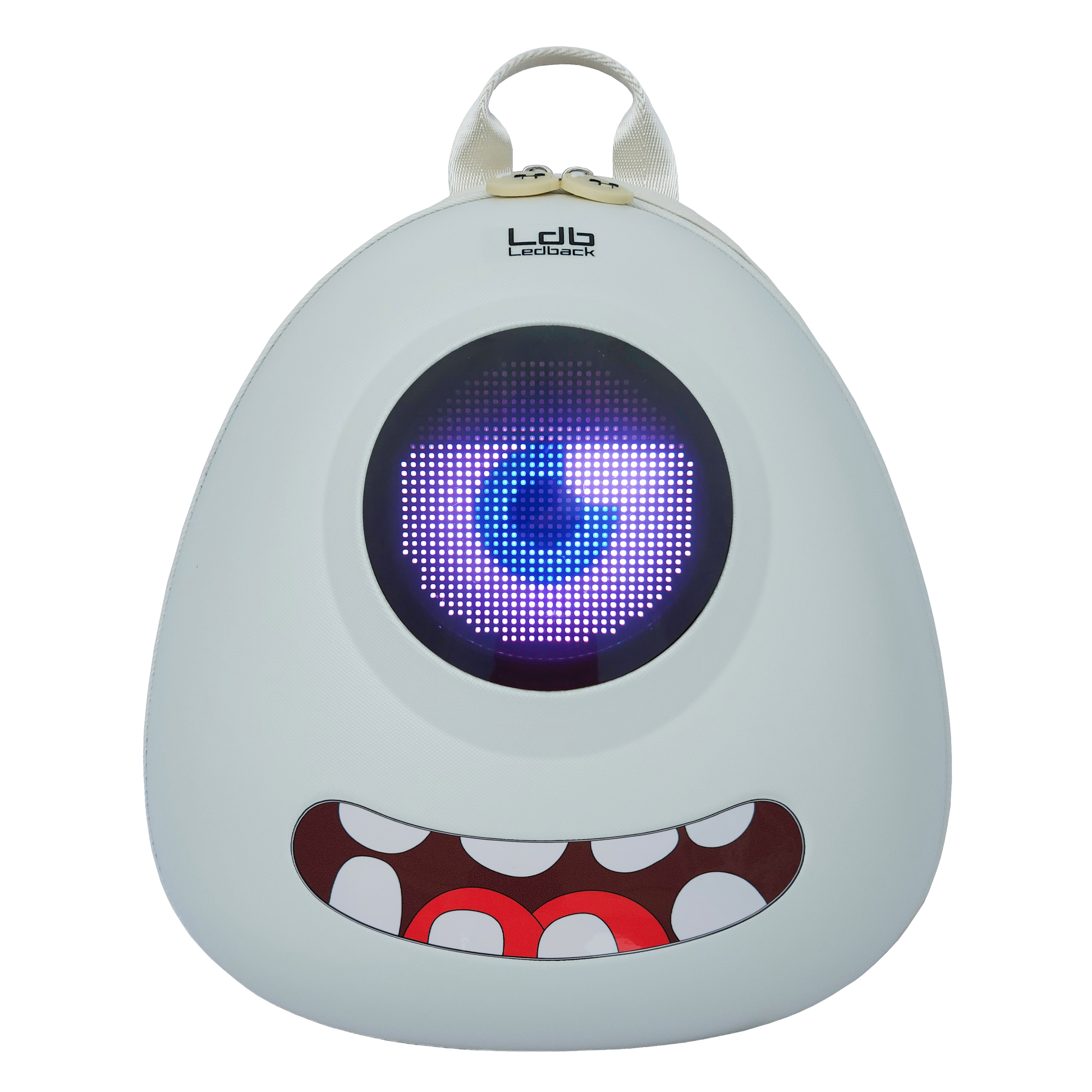 Ldb Ledback Buddy Smart LED Backpack in Whipped Cream White with a round LED screen displaying a white eye with blue pupil and a half shut black eye lid, and a teeth sticker showing a smiling mouth, shown from the front isolated on a transparent background.
