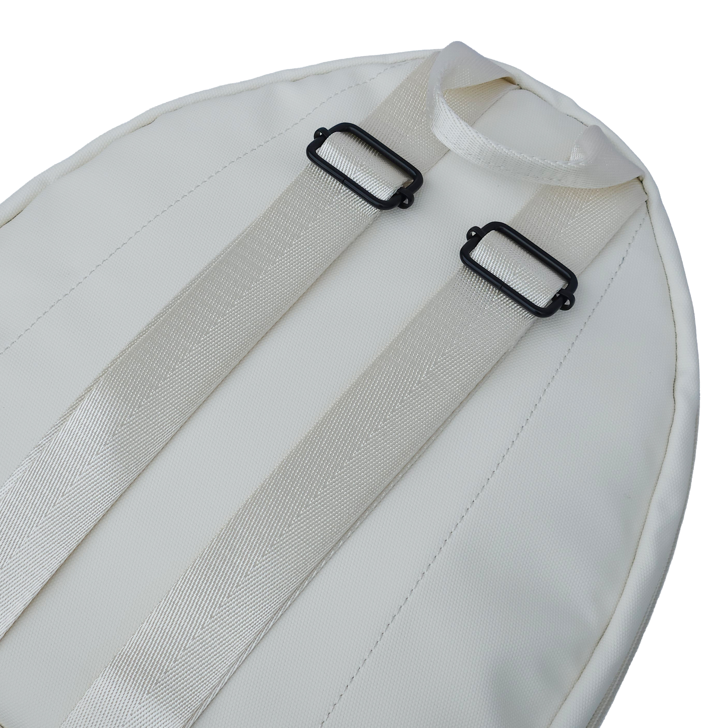 Closeup of the backstraps and black buckles on the Ldb Ledback Buddy Smart LED Backpack in Whipped Cream White, shown from the back isolated on a transparent background.