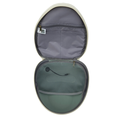 Grey inside of the Ldb Ledback Buddy Smart LED Backpack in Whipped Cream White, with 1 large net pocket, 1 large, zipped pocket, and 2 smaller open pockets, shown from above isolated on a transparent background.