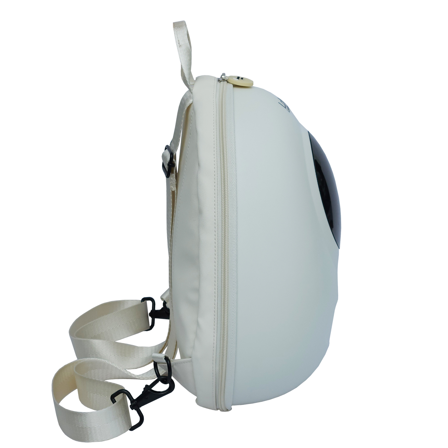 Ldb Ledback Buddy Smart LED Backpack in Whipped Cream White with a blacked out round LED screen, shown from the side isolated on a transparent background.