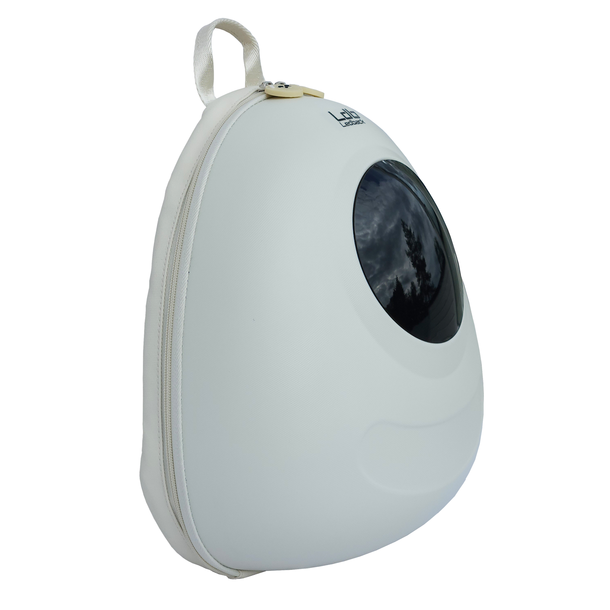 Ldb Ledback Buddy Smart LED Backpack in Whipped Cream White with a blacked out round LED screen, shown obliquely from the front isolated on a transparent background.