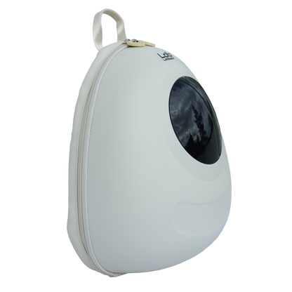 Ldb Ledback Buddy Smart LED Backpack in Whipped Cream White with a blacked out round LED screen, shown obliquely from the front isolated on a transparent background.
