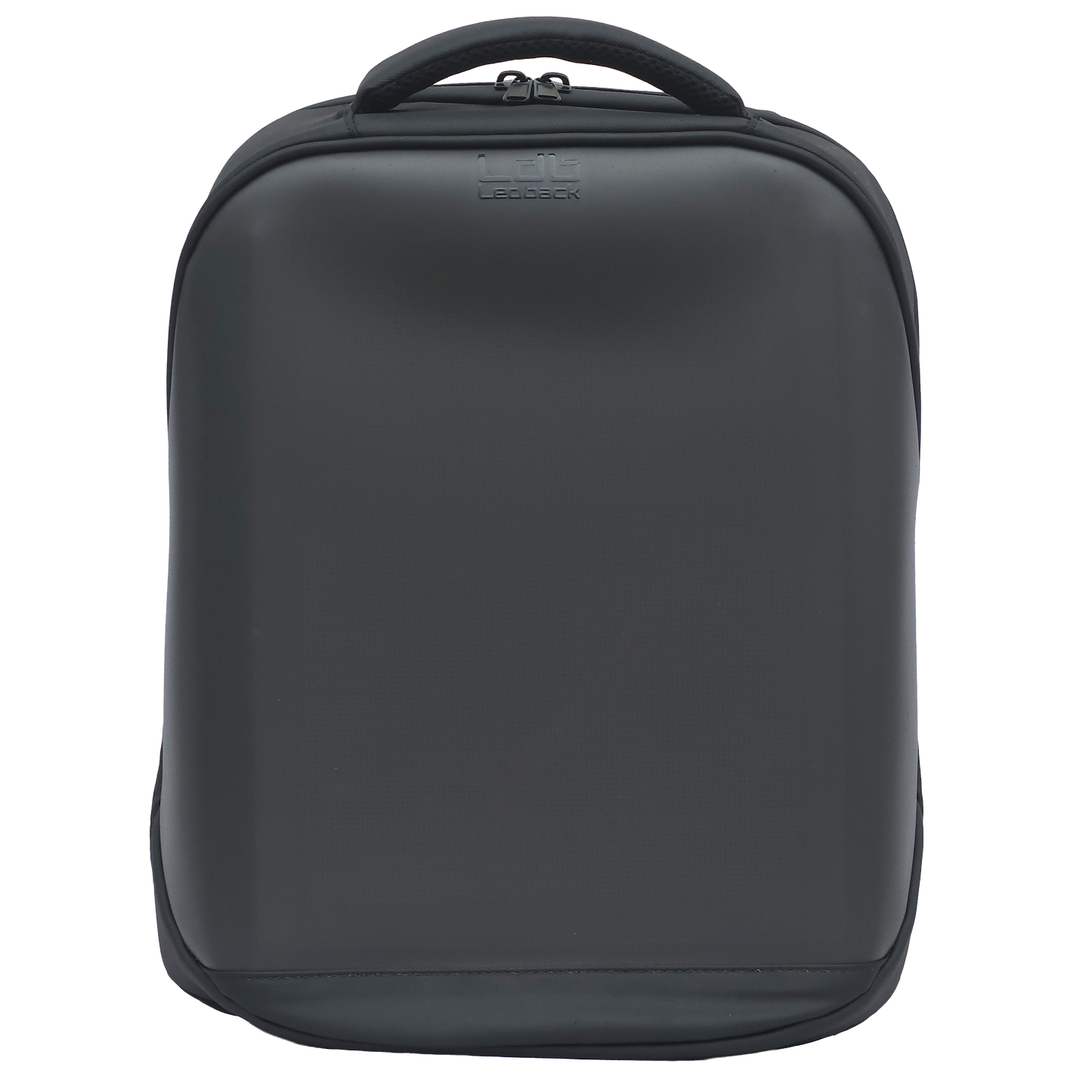 Black Ldb Ledback HD Smart LED Laptop Backpack with sleek design and high-quality piped stitching, viewed from the front isolated on a transparent background.