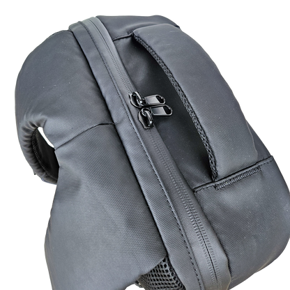 Top view of a Black Ldb Ledback HD Smart LED Laptop Backpack, displaying the sealed and waterproof double zipper, viewed from the top isolated on a transparent background.