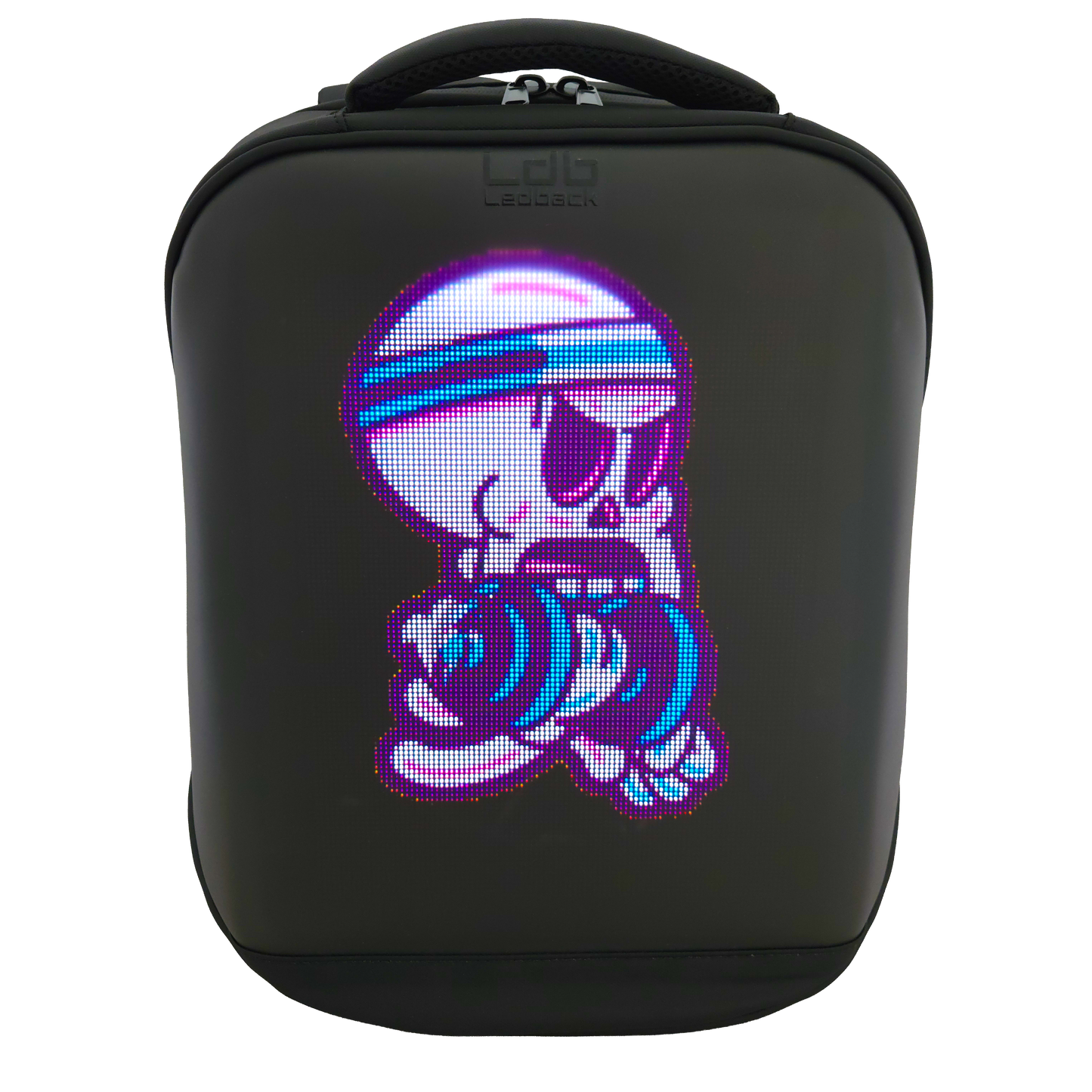 Black Ldb Ledback HD Smart LED Laptop Backpack with the LED screen showing an animated skeleton lifting weights, viewed from the front, showing the left padded shoulder strap isolated on a transparent background.