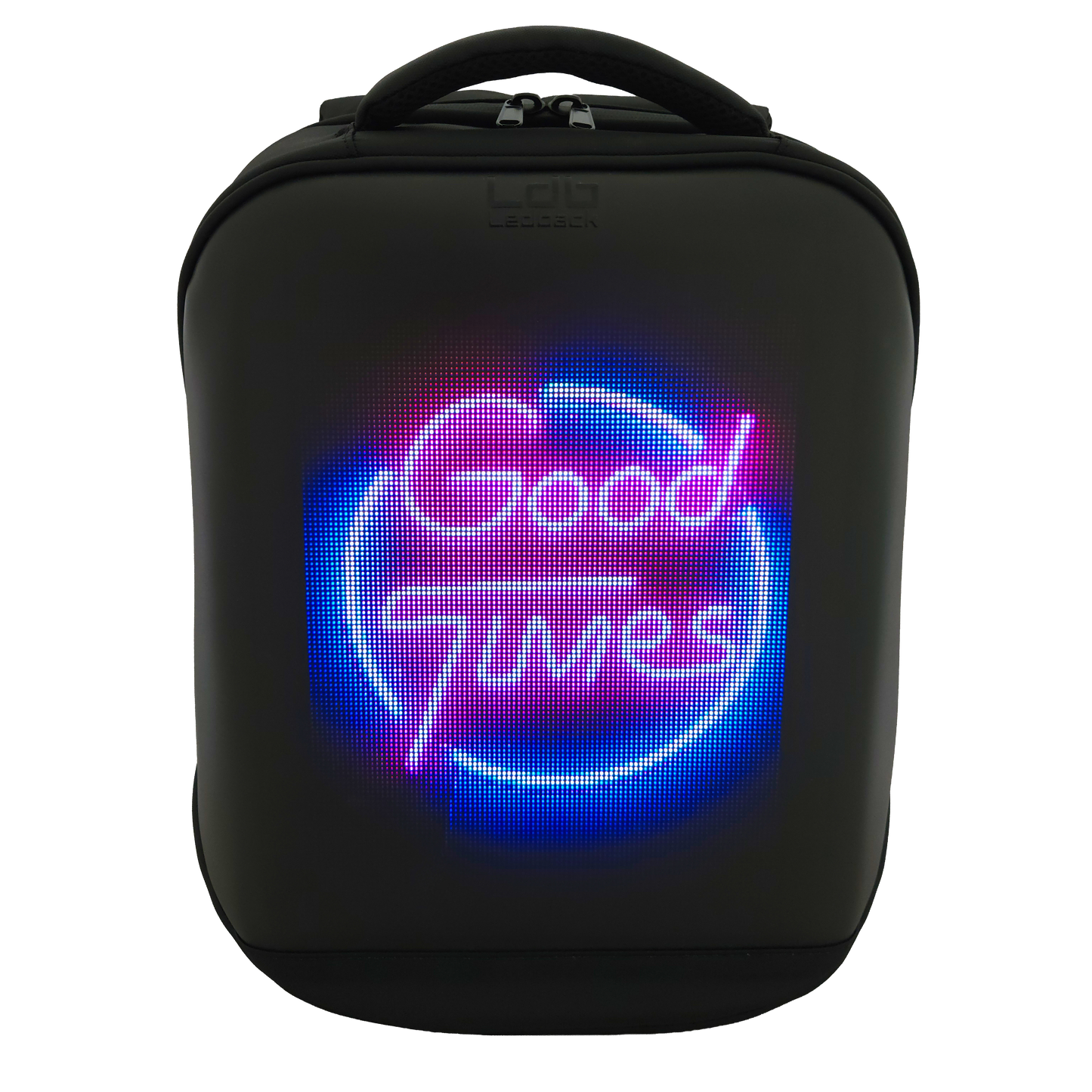 Black Ldb Ledback HD Smart LED Laptop Backpack with the LED screen showing a picture of a neon sign with the text "Good Times" in pink and blue, viewed from the front, showing the left padded shoulder strap isolated on a transparent background.