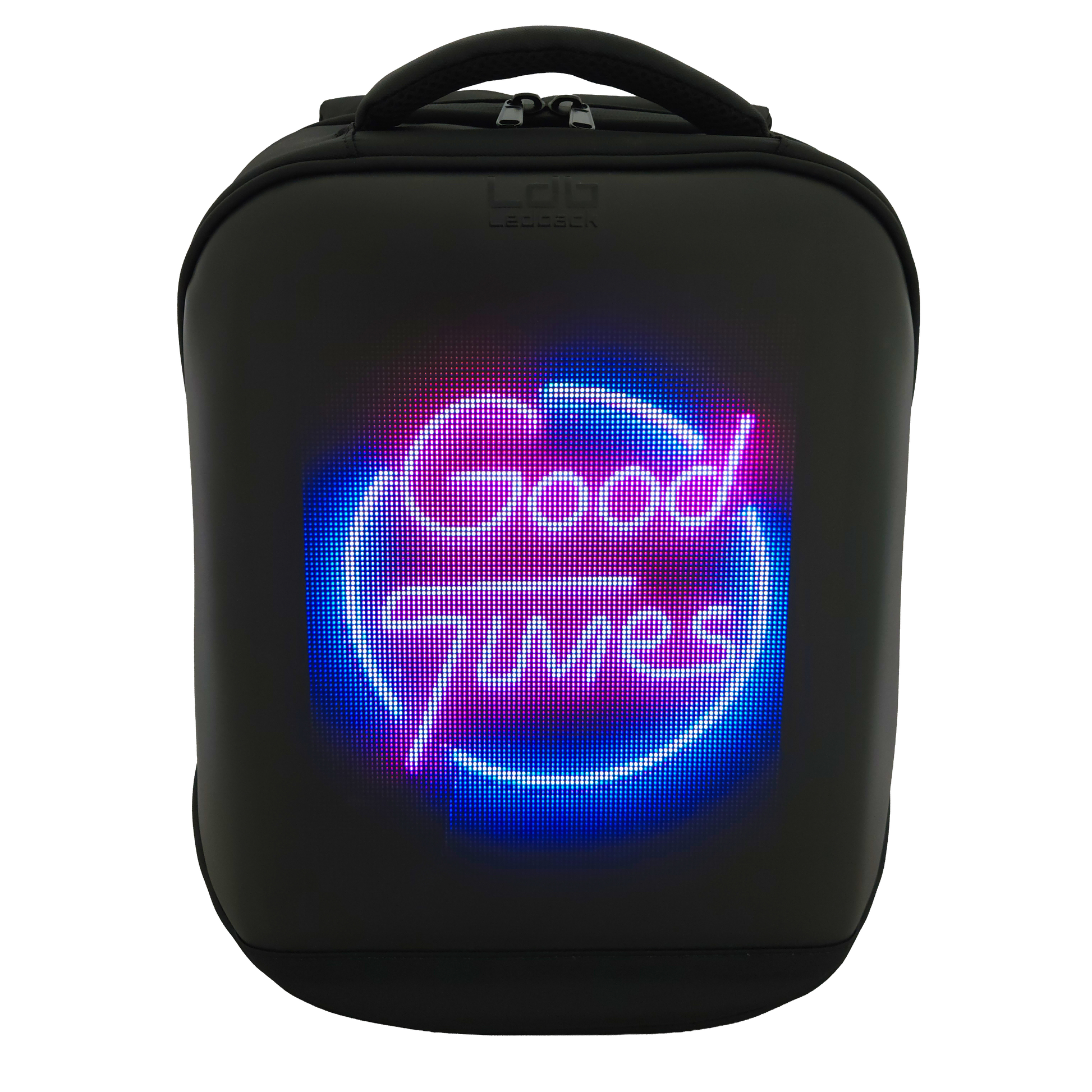 Black Ldb Ledback HD Smart LED Laptop Backpack with the LED screen showing a picture of a neon sign with the text "Good Times" in pink and blue, viewed from the front, showing the left padded shoulder strap isolated on a transparent background.