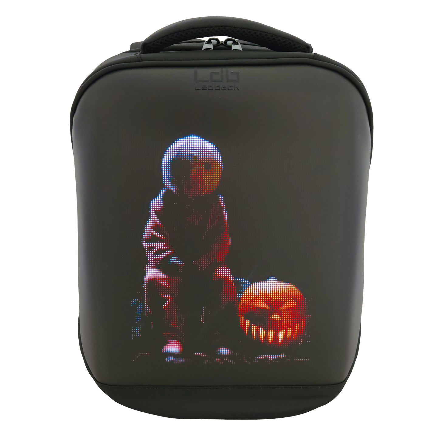 Black Ldb Ledback HD Smart LED Laptop Backpack with the LED screen showing a Halloween themed picture with a scary pumpkin, viewed from the front isolated on a transparent background.