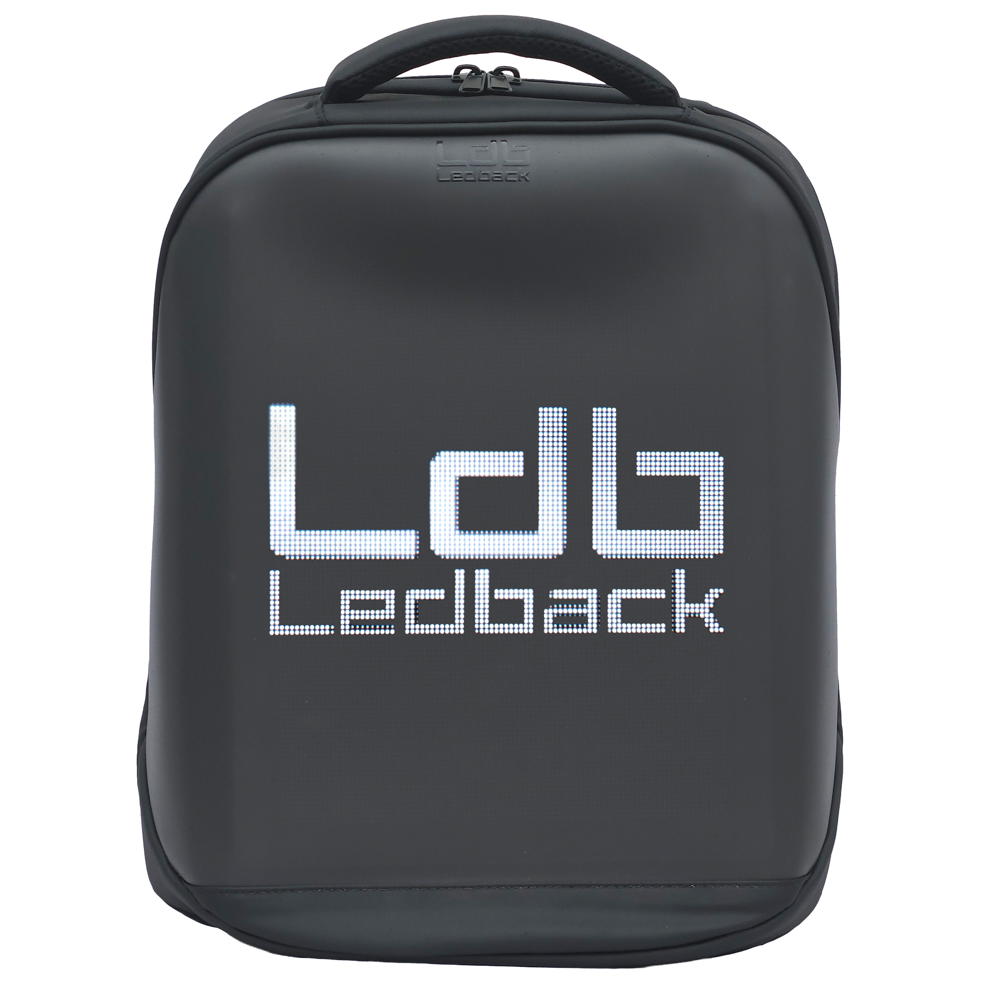 Black Ldb Ledback HD Smart LED Laptop Backpack with the LED screen showing the Ldb Ledback logo in white, viewed obliquely from the front isolated on a transparent background.