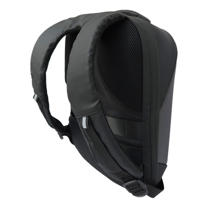 Black Ldb Ledback HD Smart LED Laptop Backpack viewed obliquely from the back, displaying padded back, padded shoulder straps and sleek design isolated on a transparent background.